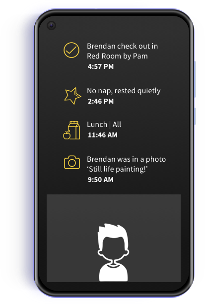 Mobile application illustration that shows a feed where a kid has been checked out of class (with time), whether he napped, at lunch, and a photo uploaded by a teacher